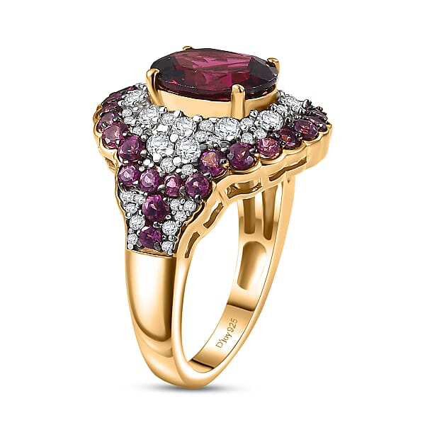 D'Joy Orissa Rhodolite Garnet And White Zircon 5.10 Ctw Classic Ornate Oval Ring In 18K Vermeil Yellow Gold Over Sterling Silver