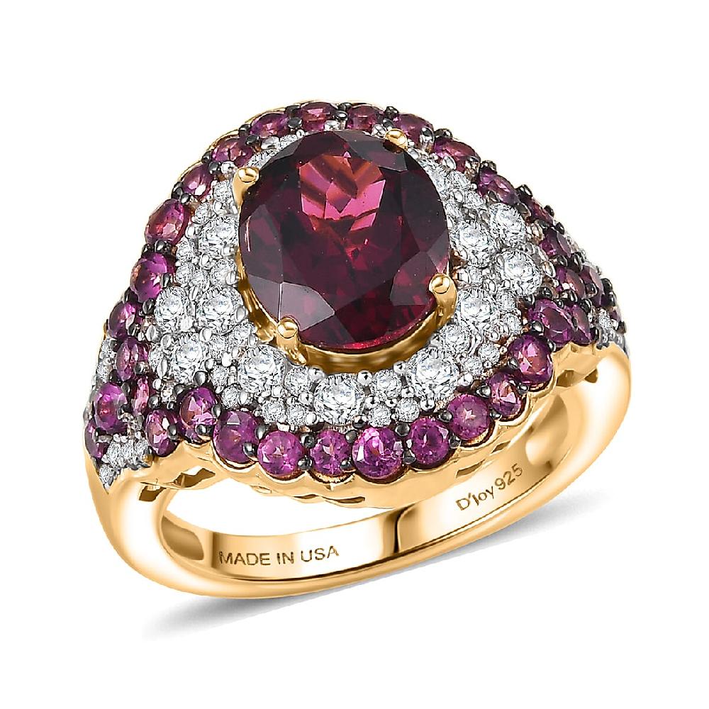 D'Joy Orissa Rhodolite Garnet and White Zircon 5.10 ctw Classic Ornate Oval Ring in 18K Vermeil Yellow Gold Over Sterling Silver