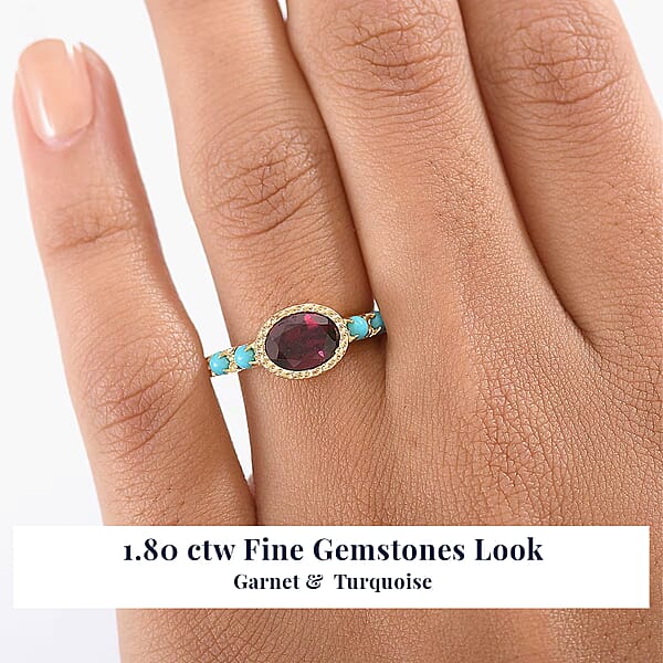 D'Joy Orissa Rhodolite Garnet Sleeping Beauty Turquoise Ring In 18K Vermeil YG Over Sterling Silver 1.80 Ctw