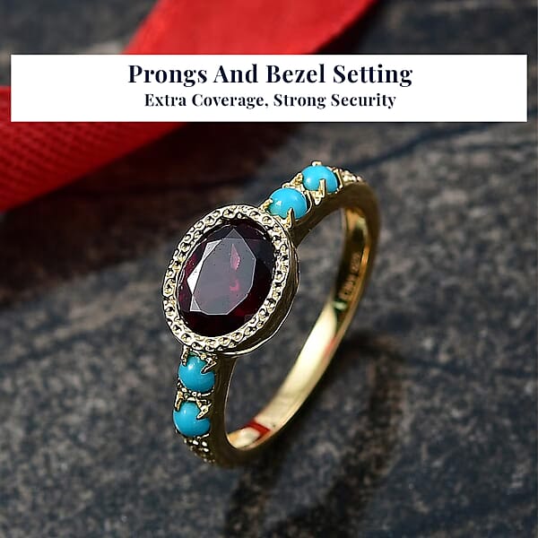 D'Joy Orissa Rhodolite Garnet Sleeping Beauty Turquoise Ring In 18K Vermeil YG Over Sterling Silver 1.80 Ctw