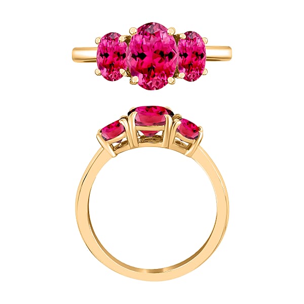 D'Joy Ouro Fino Rubellite 2.60 Ctw 3 Stone Ring In Vermeil Yellow Gold Over Sterling Silver (Del. In 10-12 Days)