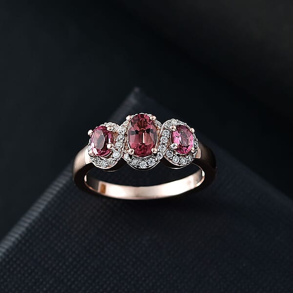 D'Joy Ouro Fino Rubellite And Moissanite 1.15 Ctw Triple Halo Ring In 18K Vermeil Rose Gold Over Sterling Silver