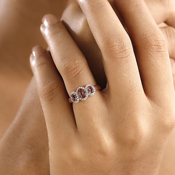 D'Joy Ouro Fino Rubellite And Moissanite 1.15 Ctw Triple Halo Ring In 18K Vermeil Rose Gold Over Sterling Silver