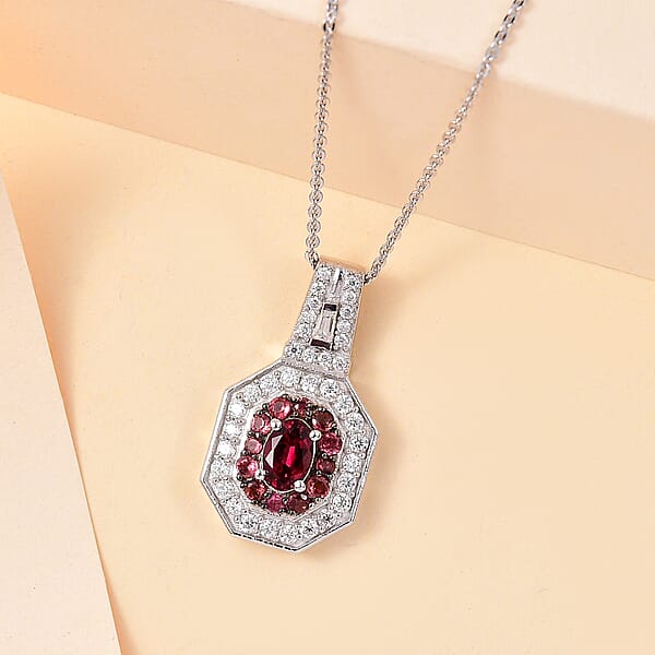 D'Joy Ouro Fino Rubellite And Moissanite 1.30 Ctw Art Deco Pendant Necklace In Rhodium Over Sterling Silver 20 Inches