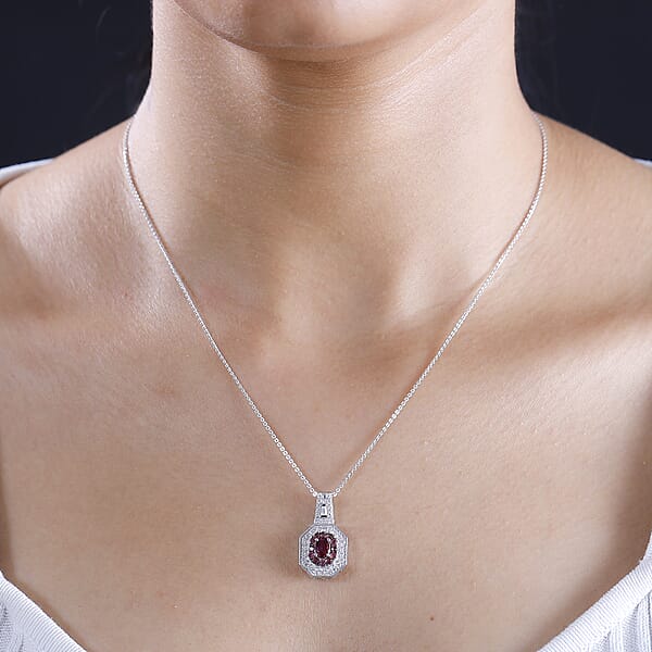 D'Joy Ouro Fino Rubellite And Moissanite 1.30 Ctw Art Deco Pendant Necklace In Rhodium Over Sterling Silver 20 Inches