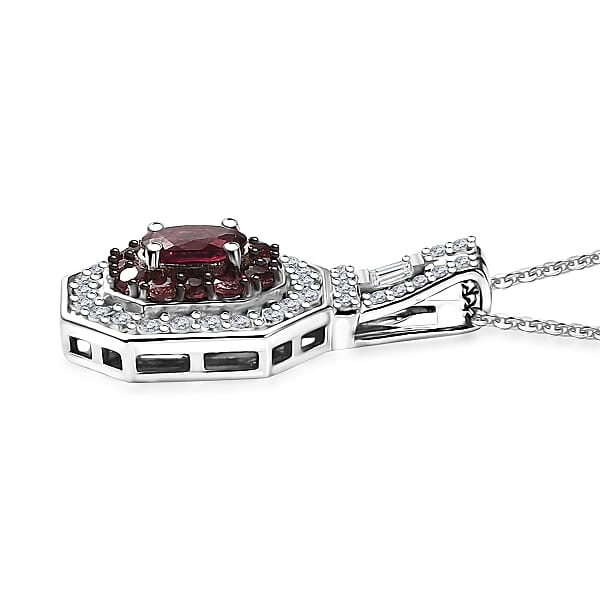 D'Joy Ouro Fino Rubellite And Moissanite 1.30 Ctw Art Deco Pendant Necklace In Rhodium Over Sterling Silver 20 Inches