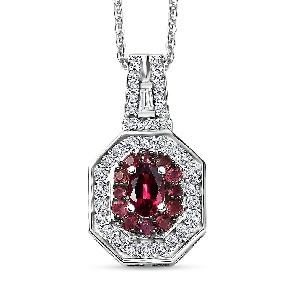 D'Joy Ouro Fino Rubellite and Moissanite 1.30 ctw Art Deco Pendant Necklace in Rhodium Over Sterling Silver 20 Inches