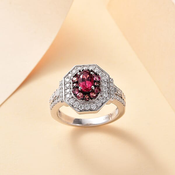 D'Joy Ouro Fino Rubellite And Moissanite 1.50 Ctw Art Deco Ring In Rhodium Over Sterling Silver