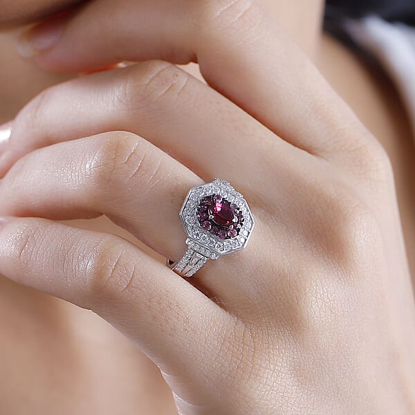 D'Joy Ouro Fino Rubellite And Moissanite 1.50 Ctw Art Deco Ring In Rhodium Over Sterling Silver