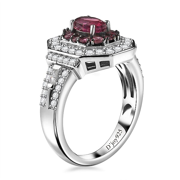 D'Joy Ouro Fino Rubellite And Moissanite 1.50 Ctw Art Deco Ring In Rhodium Over Sterling Silver