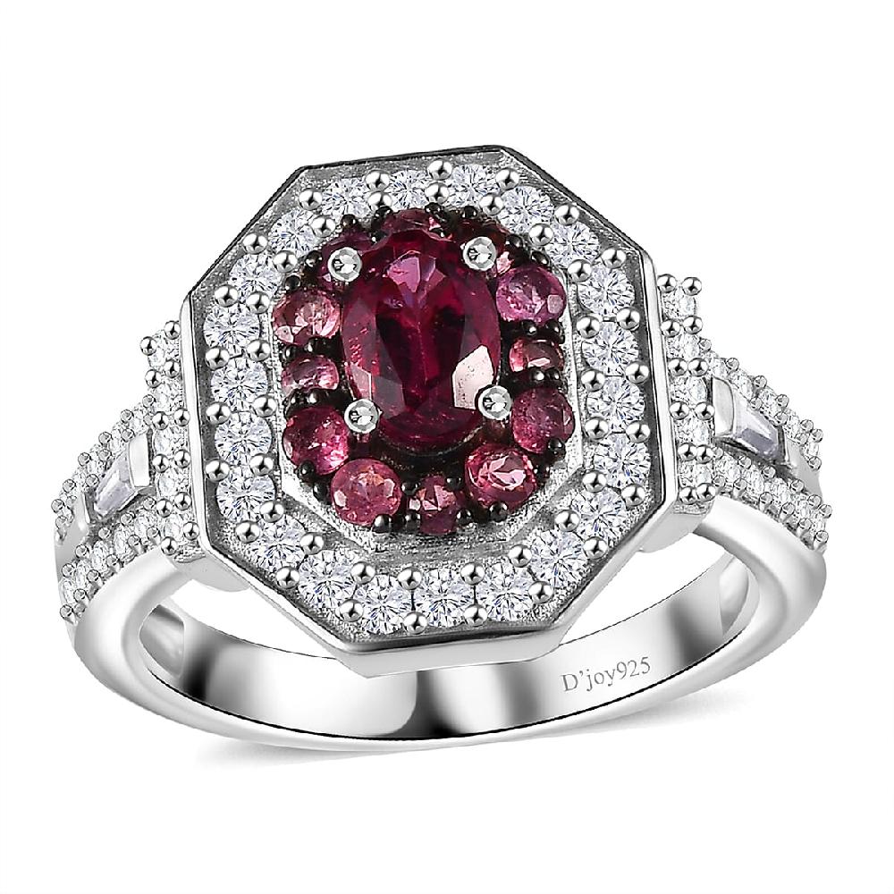 D'Joy Ouro Fino Rubellite and Moissanite 1.50 ctw Art Deco Ring in Rhodium Over Sterling Silver