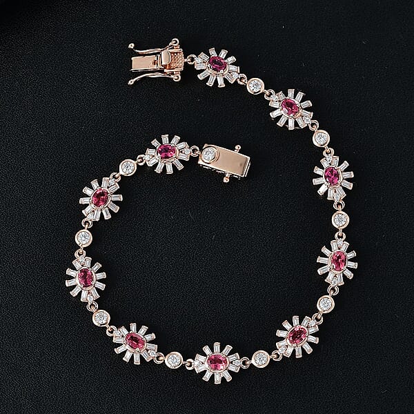 D'Joy Ouro Fino Rubellite And Moissanite 4.40 Ctw Floral Bracelet In 18K Vermeil Rose Gold Over Sterling Sil (7.25 In)