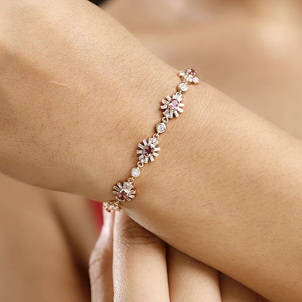 D'Joy Ouro Fino Rubellite And Moissanite 4.40 Ctw Floral Bracelet In 18K Vermeil Rose Gold Over Sterling Sil (7.25 In)