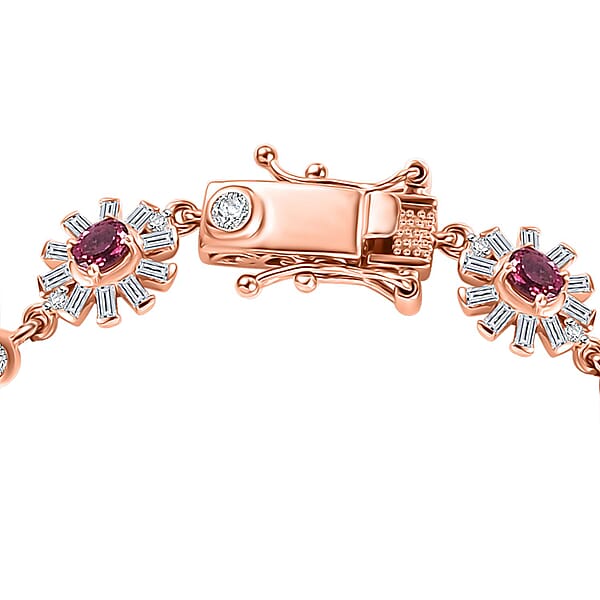 D'Joy Ouro Fino Rubellite And Moissanite 4.40 Ctw Floral Bracelet In 18K Vermeil Rose Gold Over Sterling Sil (7.25 In)