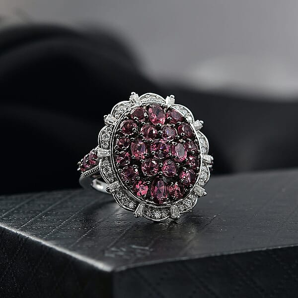 D'Joy Ouro Fino Rubellite Moissanite Floral Bloom Ring In Rhodium Over Sterling Silver 3.80 Ctw