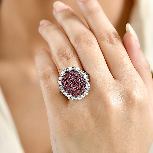 D'Joy Ouro Fino Rubellite Moissanite Floral Bloom Ring In Rhodium Over Sterling Silver 3.80 Ctw