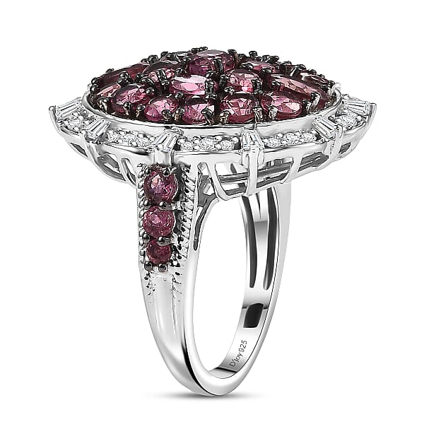 D'Joy Ouro Fino Rubellite Moissanite Floral Bloom Ring In Rhodium Over Sterling Silver 3.80 Ctw