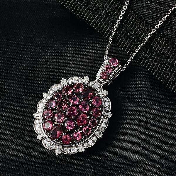 D'Joy Ouro Fino Rubellite Moissanite Floral Pendant Necklace In Rhodium Over Sterling Silver 3.90 Ctw (20 Inches)