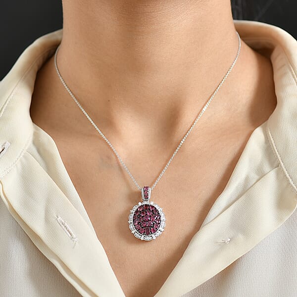 D'Joy Ouro Fino Rubellite Moissanite Floral Pendant Necklace In Rhodium Over Sterling Silver 3.90 Ctw (20 Inches)