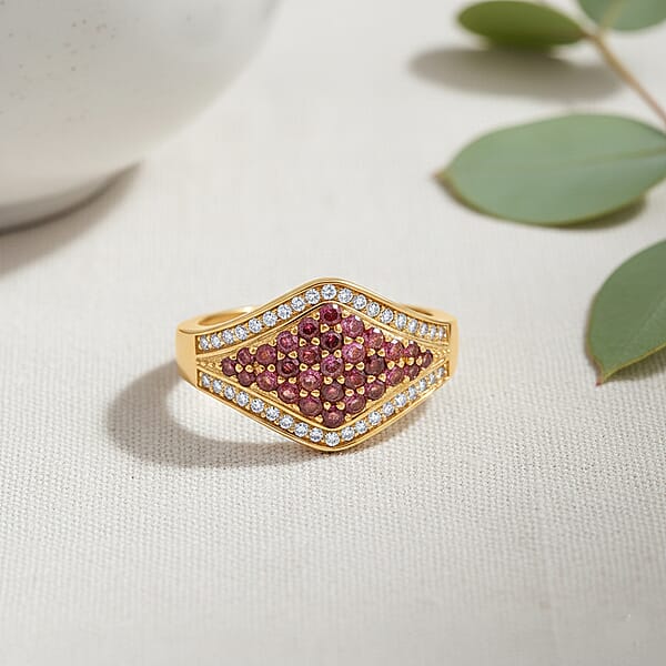 D'Joy Ouro Fino Rubellite White Zircon Ring In 18K Vermeil YG Over Sterling Silver 1.00 Ctw