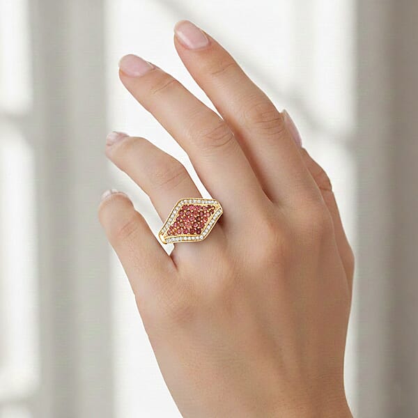 D'Joy Ouro Fino Rubellite White Zircon Ring In 18K Vermeil YG Over Sterling Silver 1.00 Ctw