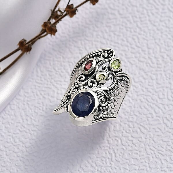 D'Joy Passport To Israel Artisan Crafted Masoala Sapphire (D) And Multi Gemstone 4.50 Ctw Ring In Sterling Silver
