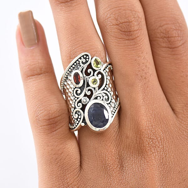 D'Joy Passport To Israel Artisan Crafted Masoala Sapphire (D) And Multi Gemstone 4.50 Ctw Ring In Sterling Silver