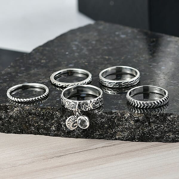 D'Joy Passport To Israel Artisan Crafted White Topaz 0.60 Ctw Set Of 5 Band Rings In Sterling Silver