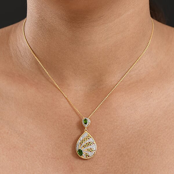 D'Joy Passport To Israel Chrome Diopside And White Zircon 1.50 Ctw Pendant Necklace In 18K Vermeil Yellow Gold Over Sterling Silver 20 Inches