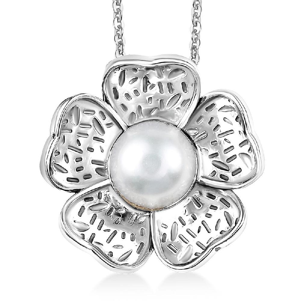 D'Joy Passport to Israel Freshwater Pearl Floral Pendant Necklace in Sterling Silver 20 Inches