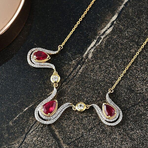 D'Joy Passport To Israel Niassa Ruby (FF) And White Zircon 5.80 Ctw Necklace In 18K Vermeil Yellow Gold Over Sterling Silver 18 Inches