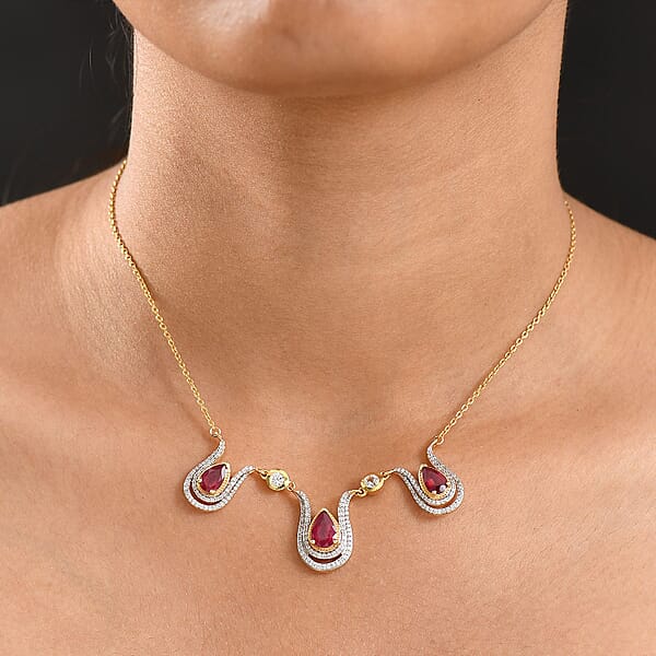 D'Joy Passport To Israel Niassa Ruby (FF) And White Zircon 5.80 Ctw Necklace In 18K Vermeil Yellow Gold Over Sterling Silver 18 Inches