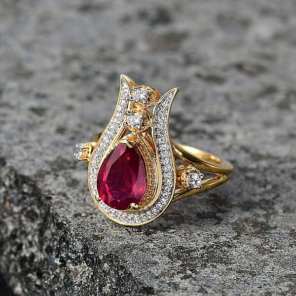 D'Joy Passport To Israel Niassa Ruby (FF) And White Zircon 3.50 Ctw Ring In 18K Vermeil Yellow Gold Over Sterling Silver