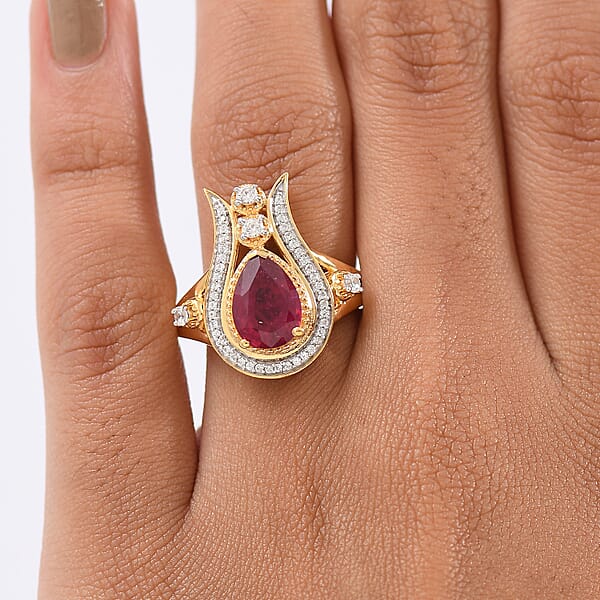 D'Joy Passport To Israel Niassa Ruby (FF) And White Zircon 3.50 Ctw Ring In 18K Vermeil Yellow Gold Over Sterling Silver