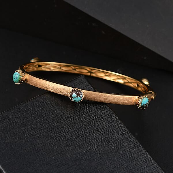 D'Joy Passport To Turkey Blue Moon Turquoise 4.50 Ctw Textured Bangle Bracelet In 18K Vermeil Yellow Gold Over Sterling Silver (7.25 In)
