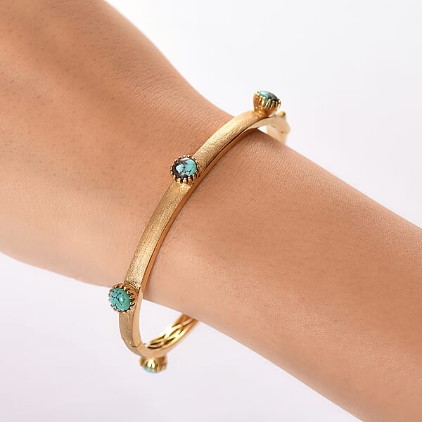D'Joy Passport To Turkey Blue Moon Turquoise 4.50 Ctw Textured Bangle Bracelet In 18K Vermeil Yellow Gold Over Sterling Silver (7.25 In)
