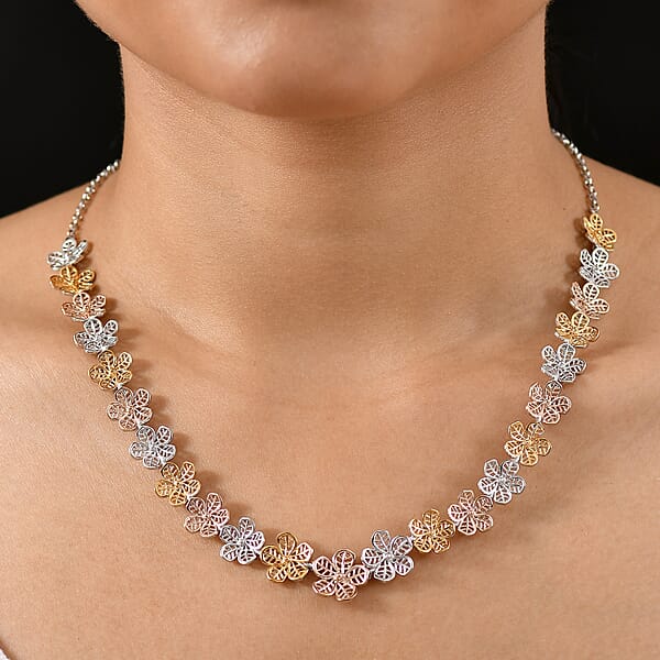 D'Joy Passport To Turkey Floral Necklace In 18K Vermeil YRG And Rhodium Over Sterling Silver 18 Inches 23.25 Grams