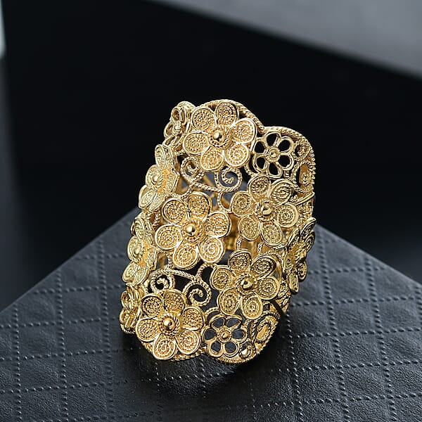 D'Joy Passport To Turkey Floral Ring In 18K Vermeil Yellow Gold Over Sterling Silver 11.35 Grams