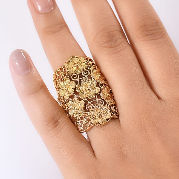 D'Joy Passport To Turkey Floral Ring In 18K Vermeil Yellow Gold Over Sterling Silver 11.35 Grams