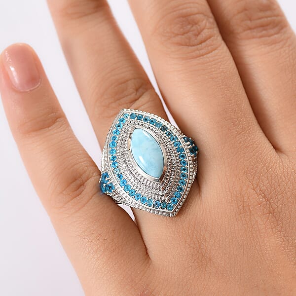 D'Joy Passport To Turkey Premium Larimar And Multi Gemstone 5.20 Ctw Evil Eye Ring In Rhodium Over Sterling Silver