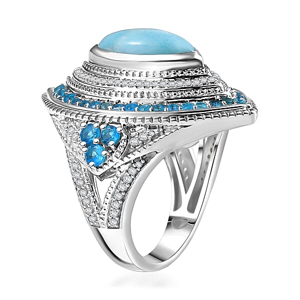 D'Joy Passport To Turkey Premium Larimar And Multi Gemstone 5.20 Ctw Evil Eye Ring In Rhodium Over Sterling Silver