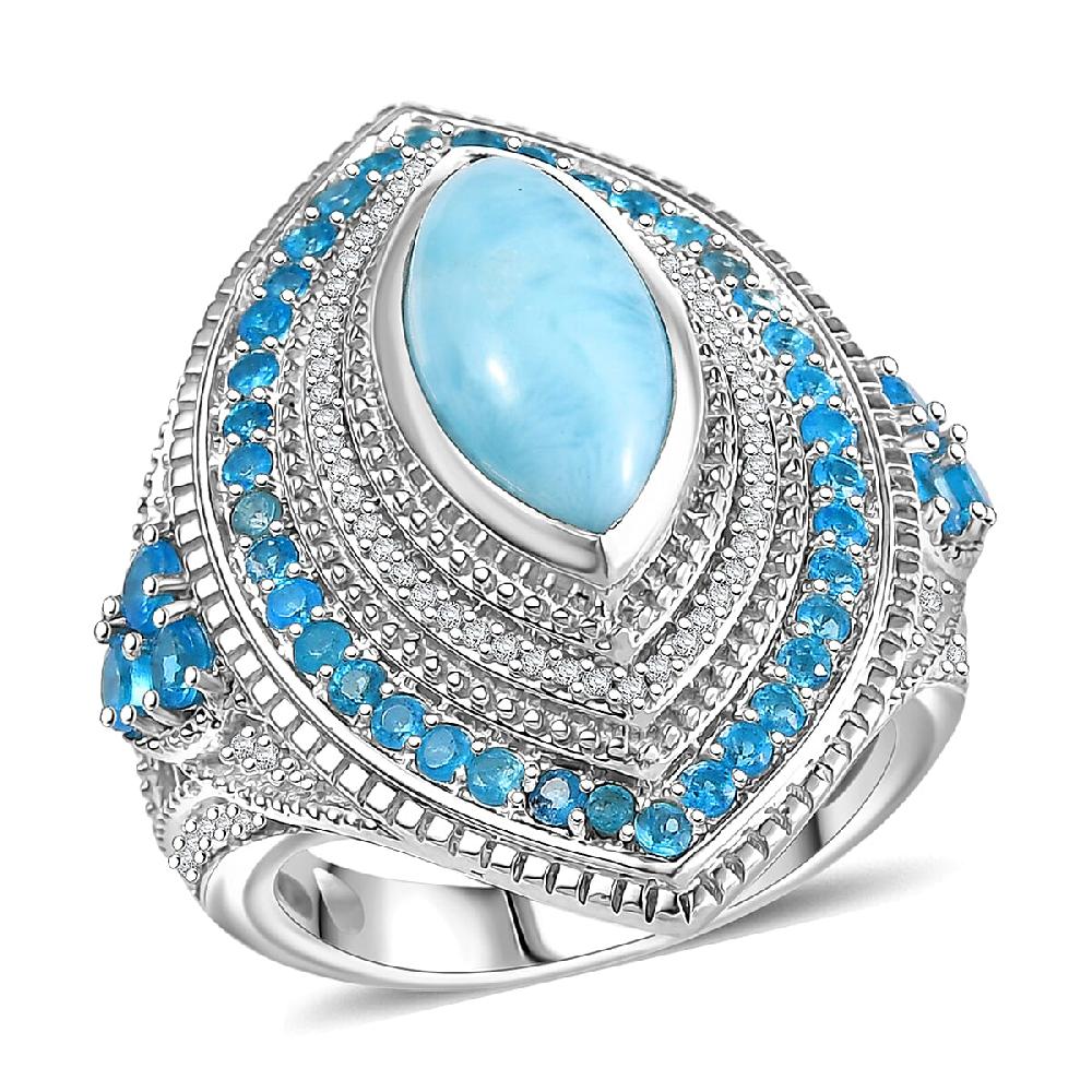 D'Joy Passport to Turkey Premium Larimar and Multi Gemstone 5.20 ctw Evil Eye Ring in Rhodium Over Sterling Silver
