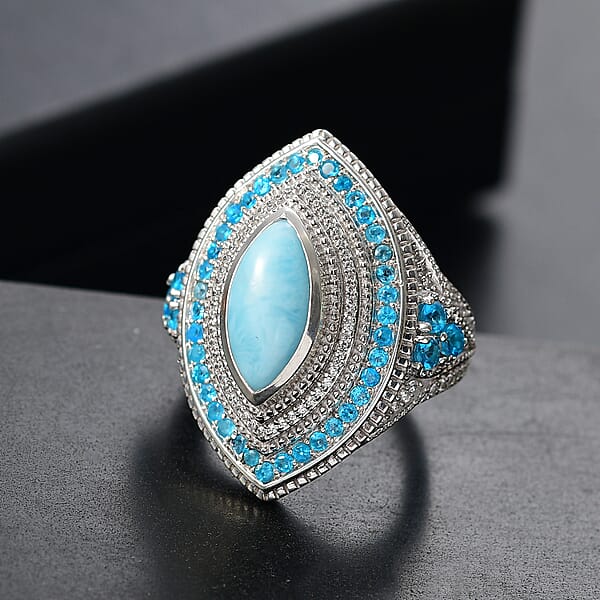 D'Joy Passport To Turkey Premium Larimar And Multi Gemstone 5.20 Ctw Evil Eye Ring In Rhodium Over Sterling Silver