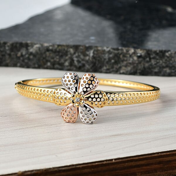 D'Joy Passport To Turkey White Zircon 0.10 Ctw Floral Bangle Bracelet In 18K Vermeil YRG And Rhodium Over Sterling Silver (7.25 In)