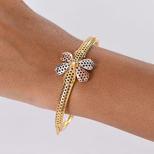 D'Joy Passport To Turkey White Zircon 0.10 Ctw Floral Bangle Bracelet In 18K Vermeil YRG And Rhodium Over Sterling Silver (7.25 In)