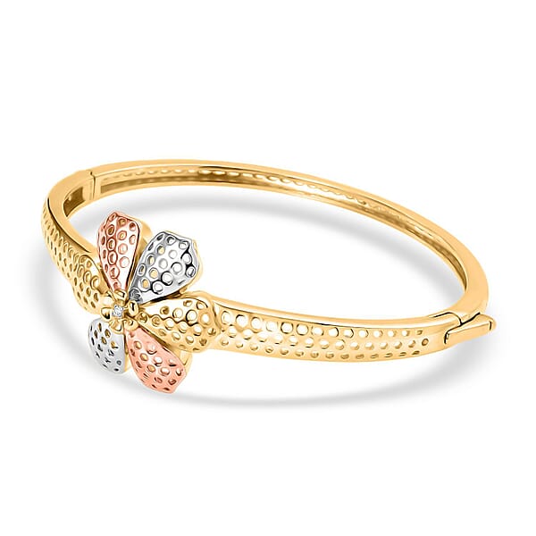 D'Joy Passport To Turkey White Zircon 0.10 Ctw Floral Bangle Bracelet In 18K Vermeil YRG And Rhodium Over Sterling Silver (7.25 In)