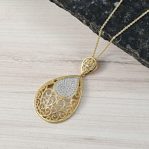 D'Joy Passport To Turkey White Zircon 0.70 Ctw Pendant Necklace In 18K Vermeil Yellow Gold Over Sterling Silver 20 Inches