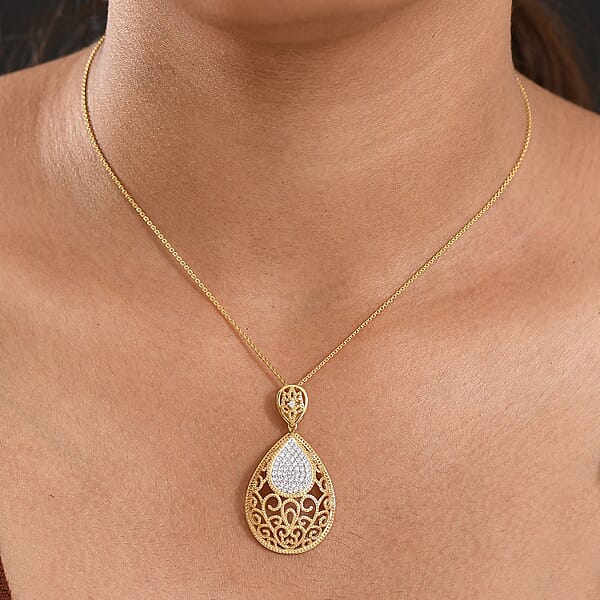 D'Joy Passport To Turkey White Zircon 0.70 Ctw Pendant Necklace In 18K Vermeil Yellow Gold Over Sterling Silver 20 Inches