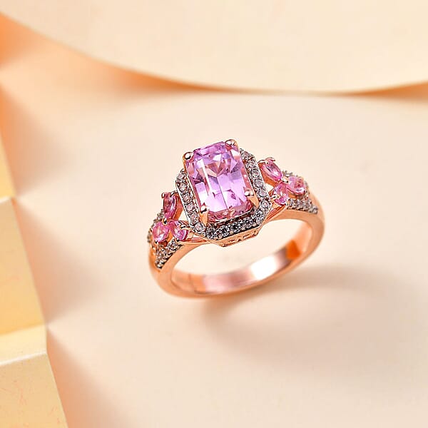 D'Joy Patroke Kunzite And Multi Gemstone 4.00 Ctw Halo Ring In 18K Vermeil Rose Gold Over Sterling Silver