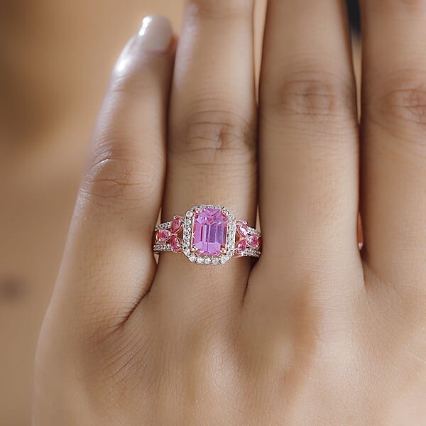D'Joy Patroke Kunzite And Multi Gemstone 4.00 Ctw Halo Ring In 18K Vermeil Rose Gold Over Sterling Silver